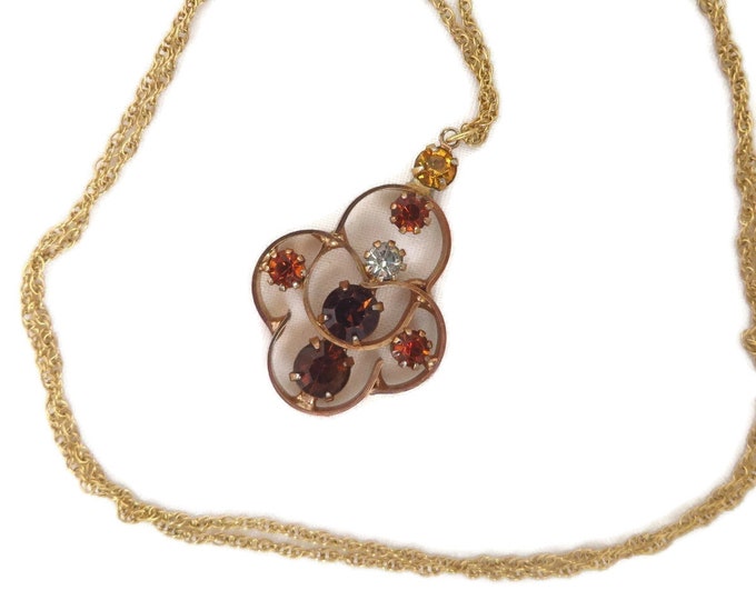 Vintage Orange Rhinestone Pendant, Gold Filled Chain Link Necklace, 24" Length