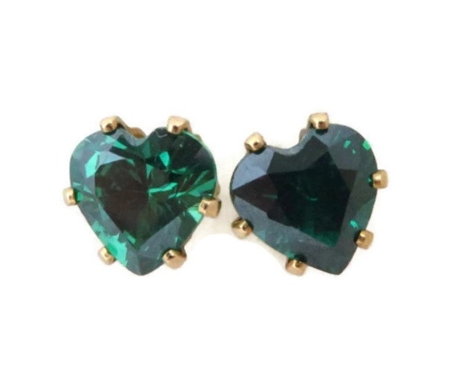 14K Gold Earrings, Emerald CZ Pierced Earrings, Vintage Heart Earrings, Pierced Studs, May Birthday, Gift for Her