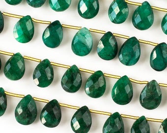 Gemstone Briolette Beads - Emerald - Faceted Hand Cut - Grade AAA - 7x10mm - Top Drilled Horizontal 1mm - 02 pieces per order