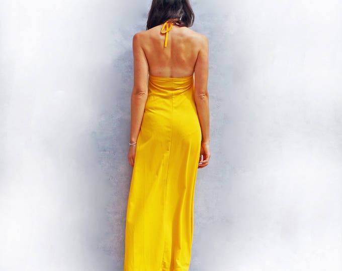 Yellow Dresses Weddings, Vintage 1960s Maxi Dress, Yellow Dress, Halterneck Dress, 60s Boho Dress, Wedding Guest Dress, Canary Yellow Dress