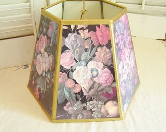 Vintage Flowers Six Sided Paper Lamp Shade Gold Trim Various Colorful Flower Designs on Black Cottage Chic Paris Apartment