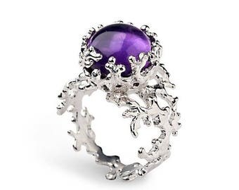 SALE 20% Off - CORAL Purple Amethyst Ring, Sterling Silver Amethyst Ring, Large Amethyst Ring, Purple Amethyst Engagement Ring, Statement Ri