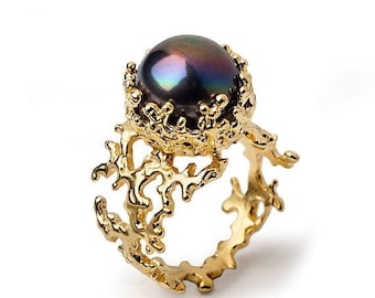 SALE 20% Off - CORAL Black Pearl Ring, Gold Pearl Ring, Black Pearl Engagement Ring, Gold Engagement Ring, Statement Ring, Large Pearl Ring