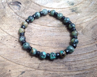 Bracelet homme Mala en Turquoise Africaine 8 mm et Howlite noire, pierres de gemme , Tendance