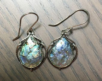 2000 Year Old Irridescent Roman Glass Dangle Earrings 925 Sterling Silver gw17-207
