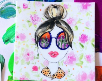 Hair Art Blonde Brown Hair Bun Girl Sunglasses Rose Flowers Pink Watercolor Vinyl Sticker