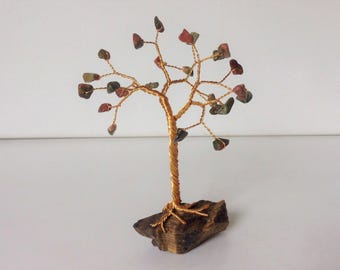 Handmade Gemstone tree. Unakite & Tiger's eye wire tree sculpture. Green pink and brown