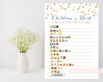 Children's Book Emoji Pictionary printable, Gold baby shower game, gold confetti, baby book, downloadable shower game, INSTANT DOWNLOAD 008