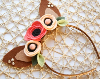 Fawn Ears, Woodland Headband, Floral Fawn Ears, Deer Ears, Fawn Headband, Woodland Deer, Felt Flower Headband