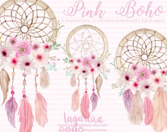Pink Floral Dreamcatcher Watercolor clipart, PNG, wedding, bouquet, arrangement, digital art, pink flowers, bridal shower, for blog banner