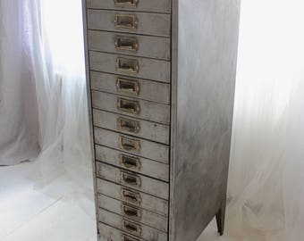 Tall and Narrow Reclaimed Vintage Urban Industrial 1940s Stripped Steel 15 Drawer Filing Cabinet