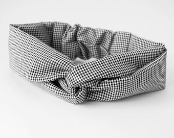 Pied de Poule Headband Twisted Head Wrap in Black White Checkered Twisted Turban with Elastic Boho Headband Bandeau
