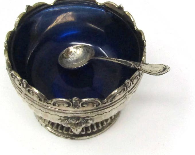 Antique Salt Cellar with Spoon - Silver Plate with Cobalt Glass Insert from Corbell & Co - Open Salt or Nut Dish