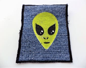 Green Alien Patch,Space Alien,Alien Cloth Patch,Rad Weird Patch,Backpack patch, Jeans Jacket Patch,Recycled Denim Patch,Upcycled Denim Patch