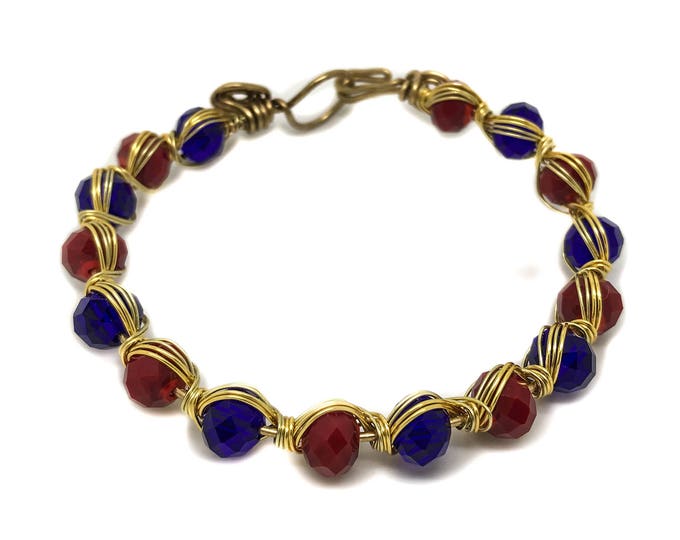 Wire wrapping bracelet, Wire wrapping jewelry, red and blue bracelet, wire blue and red, wrap bracelet, wire gold blue and red bracelet