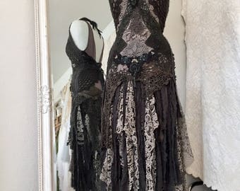 Raven dress tattered,20 s dress tattered,vampire dress crochet,post apocalyptic drama,gothic dress rawrags,black raven gypsy,stevie nicks