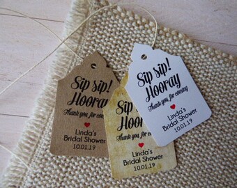 Bridal Shower Tags. Mini Champagne Tags, Sip Sip Hooray Tags, Custom Favor Tags. Set of 25 to 300 pieces, Custom Language available.