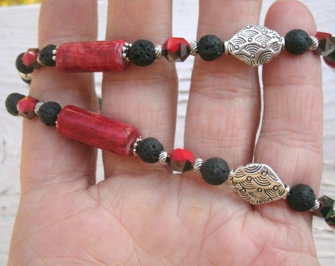 Red Coral and black lava beaded necklace, 22 3/4 " long, handmade necklace, silver decorative multi shaped beads, magnetic closure, OOAK