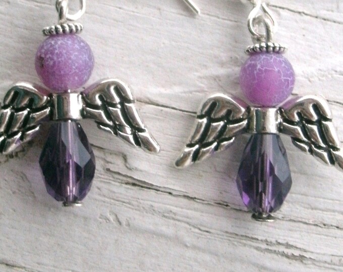 Angel Earrings - Purple crystal and agate beads. Swarovski Crystal Angels,keepsake, handmade earrings, silver wings and silver halo, love
