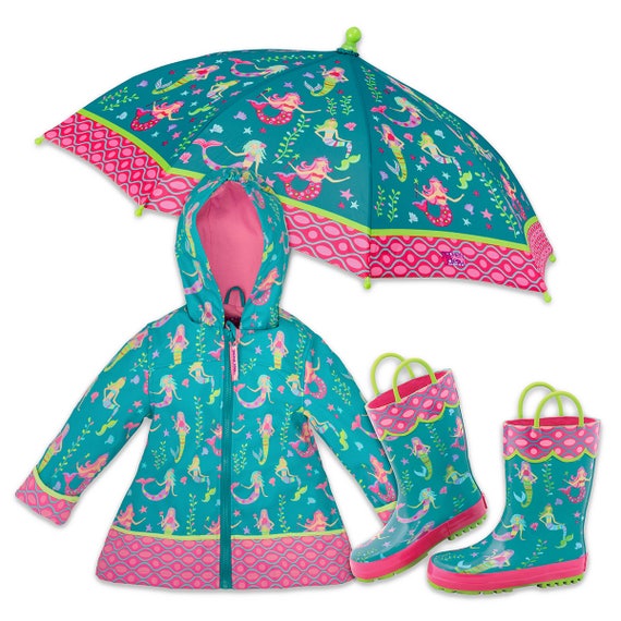 3 Pieces Set Stephen Joseph Mermaid Rain Gear, Rain Coat, Rain Boots and Umbrella.