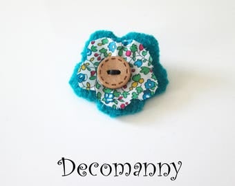 Liberty and turquoise blue felted wool flower brooch