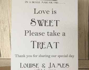 Love is sweet please take a treat. Rustic/Vintage wedding weetie sign, sweet buffet, candy cart. Personalised.