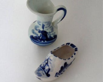 DISCOUNTED 1950s Dutch Delft Souvenirs from Holland/Tiny Delft Pitcher n Tiny Delft "Wooden Shoe" Ornament/Dutch Delft Ornaments/Delft from