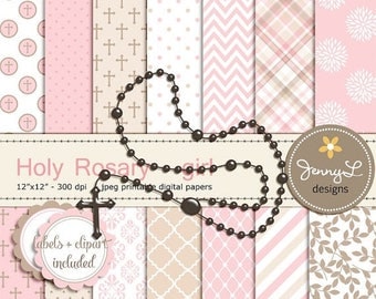 50% OFF Rosary Girl Baptism Digital Papers and Clipart, First Communion, Confirmation, Christening, Dedication, Holy Week Scrapbooking, Rosa