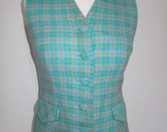 summer sale Vintage tweed waistcoat checked turquoise blue wool ladies vest size small