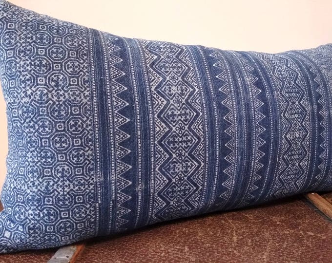 12" x 24" Incredible Hmong Indigo Batik Pillow Cover, Boho Blue Hand Dyed Cotton Pillow Cover, Hill Tribe Ethnic Lumbar Pillow Case