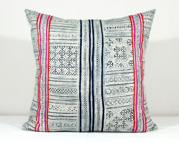 20"x 20" Vintage Hemp Blue Indigo Batik with Red Pink Stripes / Hmong Hemp Pillow Cover / Exotic Textile / Ethnic Costume Pillow Case