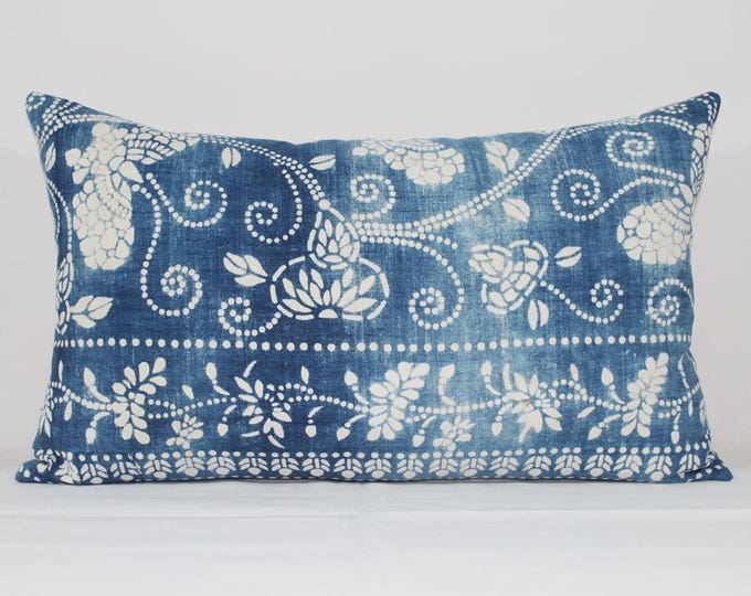 12"x20" Vintage Indigo Batik Pillows, Old Chinese HMONG Batik Fabric Pillow Case, Ethnic Textile Cushion Cover