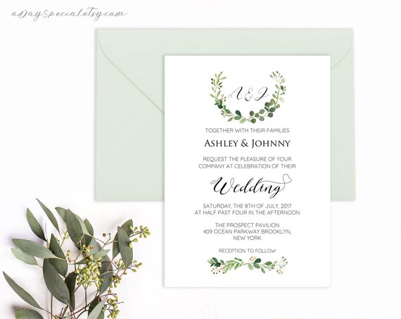 Greenery Wedding Invitation Template Printable Green Branch