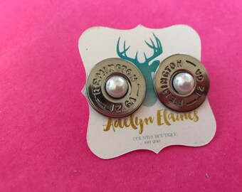 Pearl Center Remington 12 Gauge Shotgun Shell Earring Studs // Bullet Jewlery // Bullet Earrings