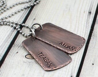 Custom Mens Dog Tag Necklace - Mens Personalized Dog Tag Necklace - Hand Stamped Mens Necklace - Rustic Mens Necklace - Copper Dog Tags