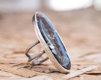 Sterling silver Jasper ring, Statement silver ring, Large gemstone silver ring, Artisan ring, Turtella Jasper ring, Black stone silver ring