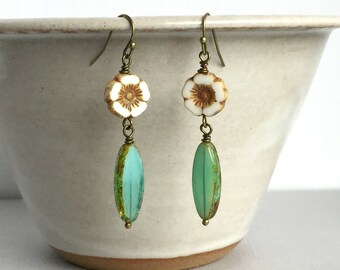Beach Blossom Earrings, Flower Dangle Earrings, Czech Glass Flower Earrings, Aqua Czech Glass Earrings, Summer Jewelry
