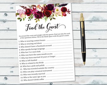 Find The Guest Game , Bridal Shower Guest Game, Floral Bridal Shower Games, Ask The Guest Game Printable, Ice Breaker Bridal