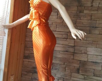 Girls or petit women's disco costume,orange disco costume,Girls size 12 to 14 disco suit,spendex costume,competition gymnastics outfit(10)