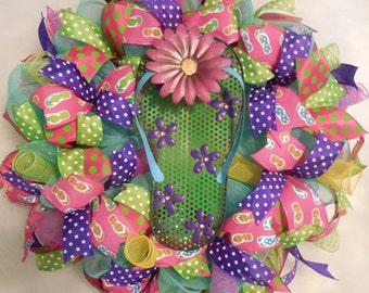 XMAS in JULY SALE-15%off Summer Wreath, Summer Decor, flip flop wreath, summer flip flop wreath, wreath, colorful wreath, bright wreath, sum