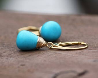 Smooth Natural Arizona Sleeping Beauty Turquoise Wire Wrapped Earrings Lever Backs 14K Gold Vermeil, December Birthstone, 11th Anniversary