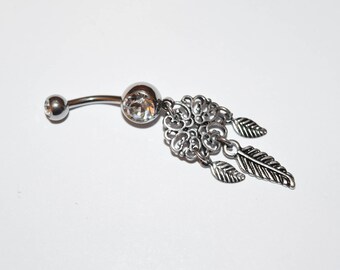 Clear Heart Filigree Dream Catcher Dangle 316L Surgical Steel Jeweled Ball Belly Button Rings, belly rings, navel ring
