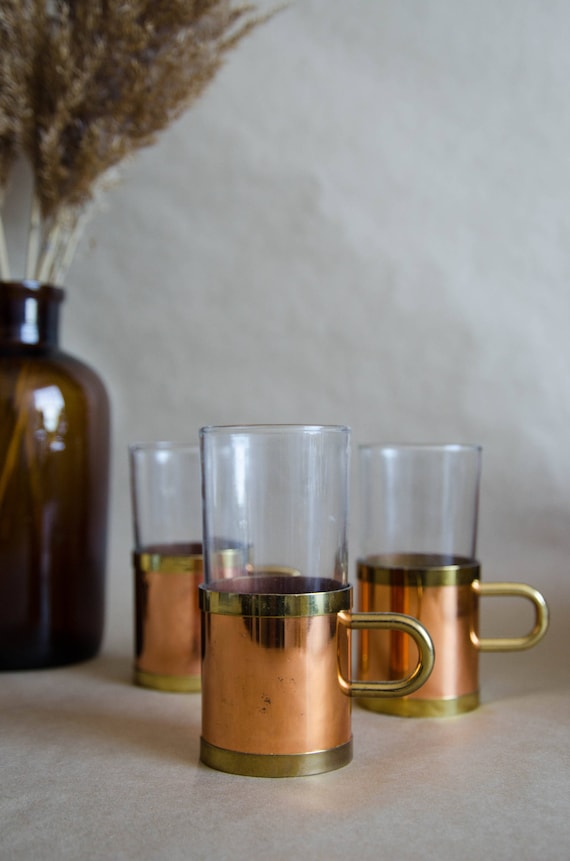 Set of 3 glass cups with solid brass and copper handlers