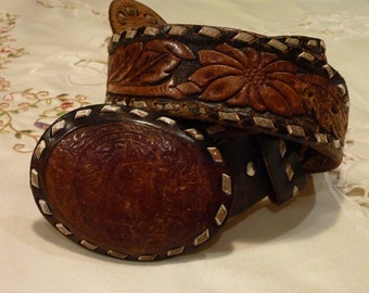 VTG Jenny and the Boys Women’s Green Leather Belt Gold Brass Buckle Western Medium