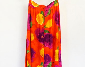 90s brightly colored floral button down flowy maxi skirt, size medium