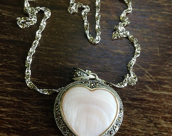 Heart Shaped Mother of Pearl and Marcasite Necklace