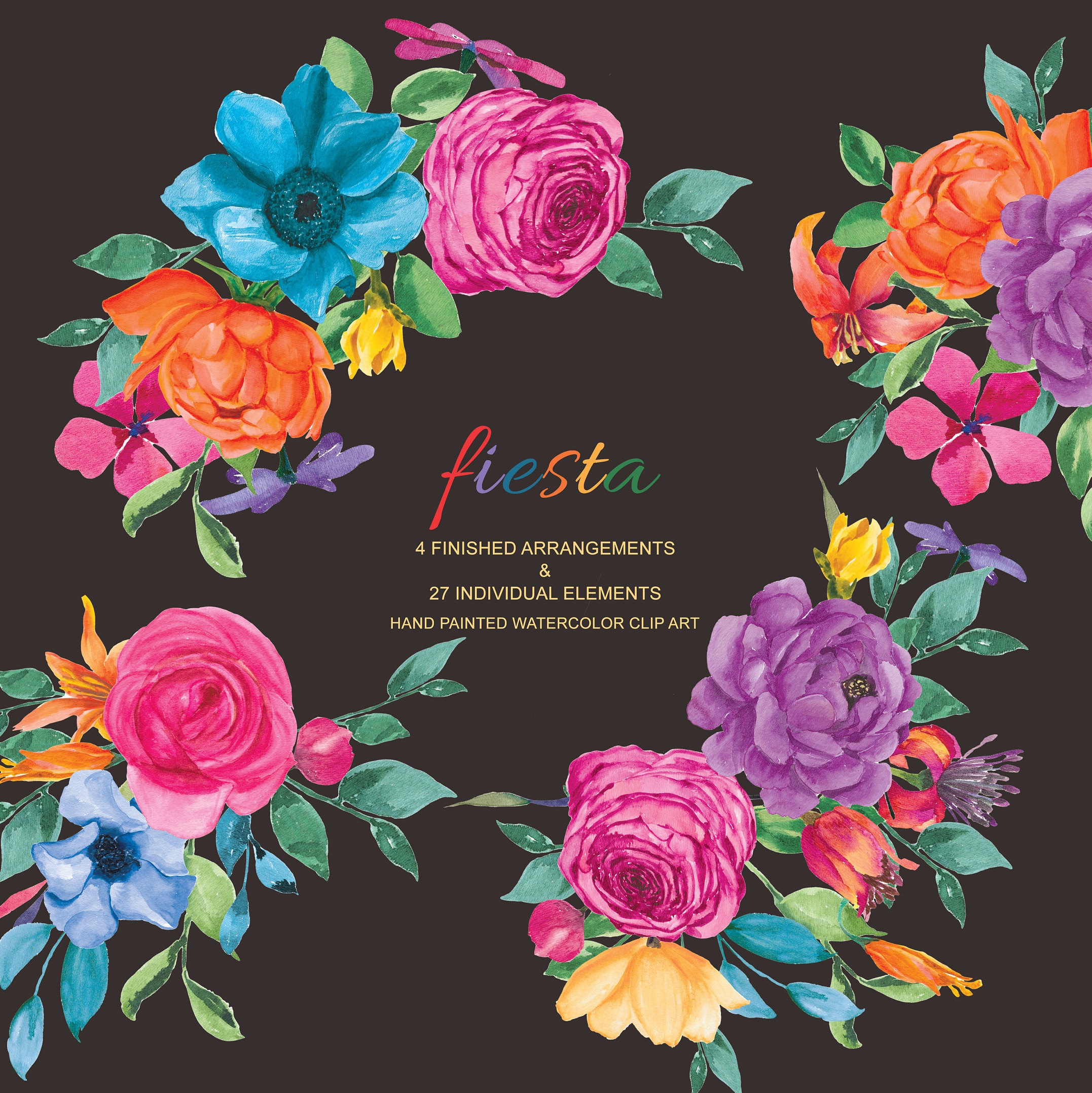 Colorful Watercolor Floral Clipart Hand Painted Flowers ...