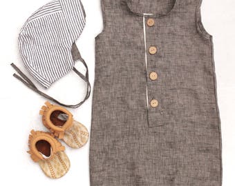Grey linen baby boy romper, toddler boy romper, trendy boy clothes, summer baby boy clothes, modern boy outfits, hipster baby boy clothes