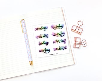 Weekdays planner sticker sheet - 8 rainbow watercolor stickers, monday to sunday and weekend rainbow labels, bullet journal stickers