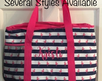 Personalized Insulated Beach Bag, Monogram Beach Bag, Picnic Bag, Gift for Her, Large Beach Tote Bag,Flamingo, Nautical Tote,